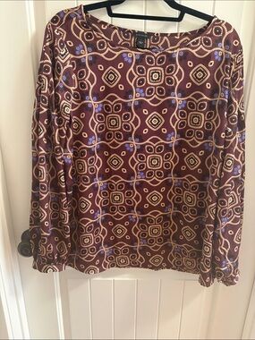 Ann Taylor Silky Geometric Print Blouse in Deep Burgundy and Lavender